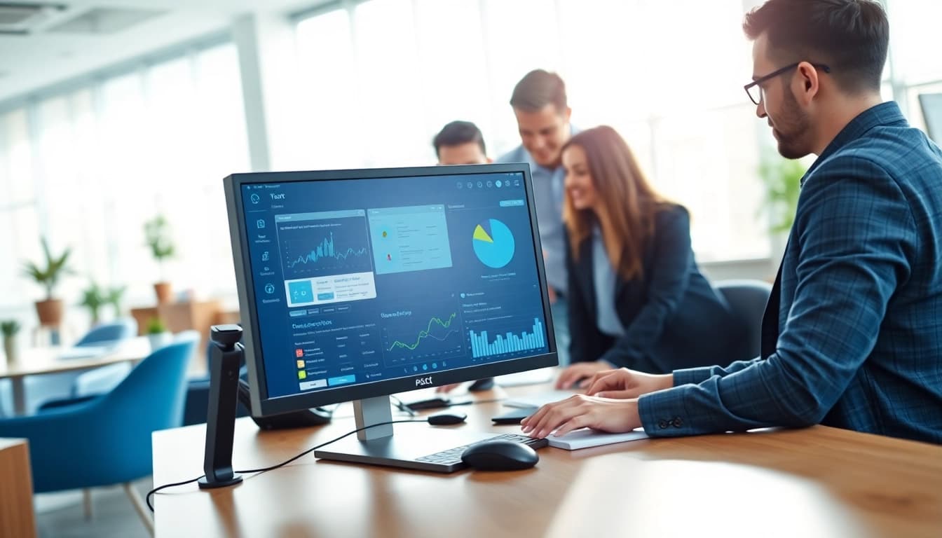 Engaging AI assistant for enterprise in a collaborative office environment, enhancing teamwork and productivity.