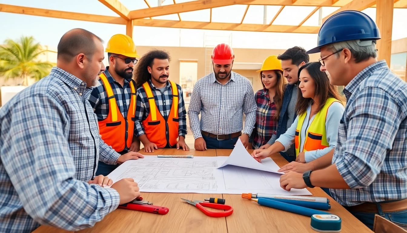 Collaborating southern California contractors association professionals discussing plans at a meeting table.