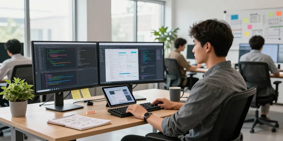 Developers collaborating in a modern workspace with crushon software interfaces on screens.