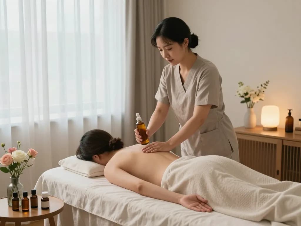 서울출장마사지 in a tranquil home environment, showcasing a therapist providing soothing care with aromatic oils.