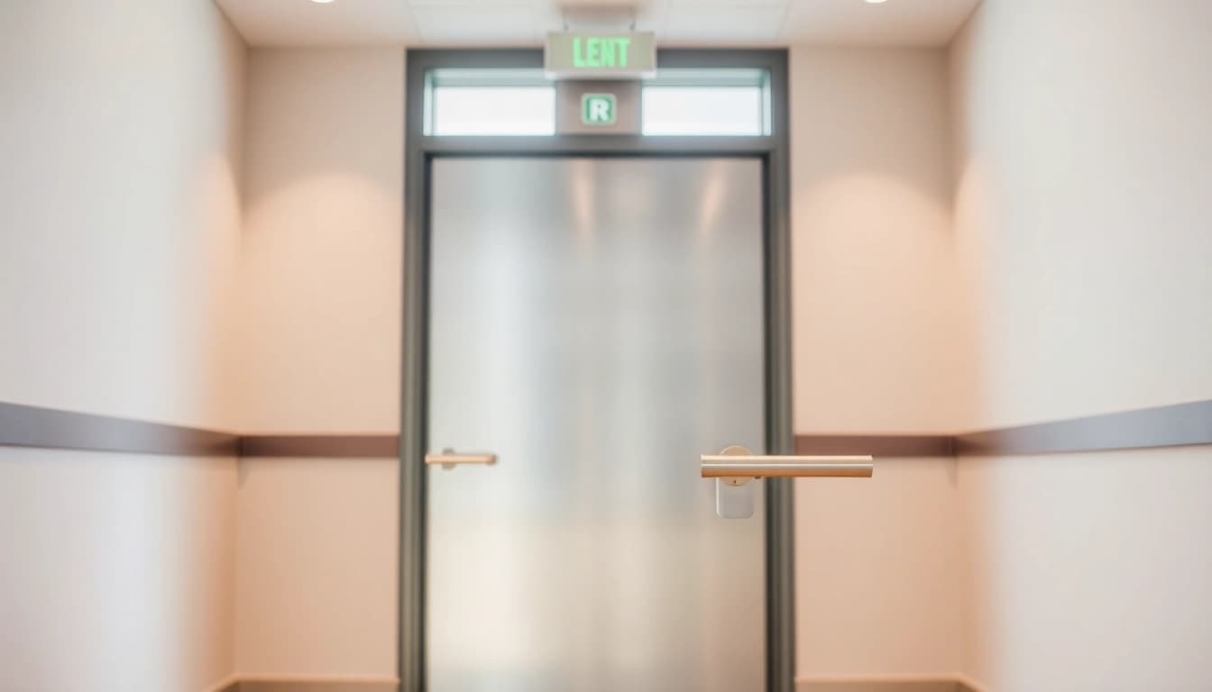 Exit door with panic bar prominently featured in a safe commercial environment setting.