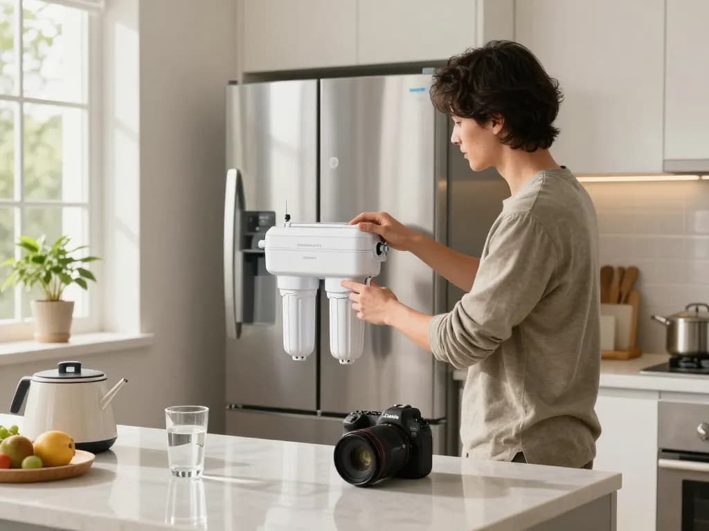 Installing the Waterdrop EDR4RXD1 Refrigerator Water Filter in a bright kitchen.