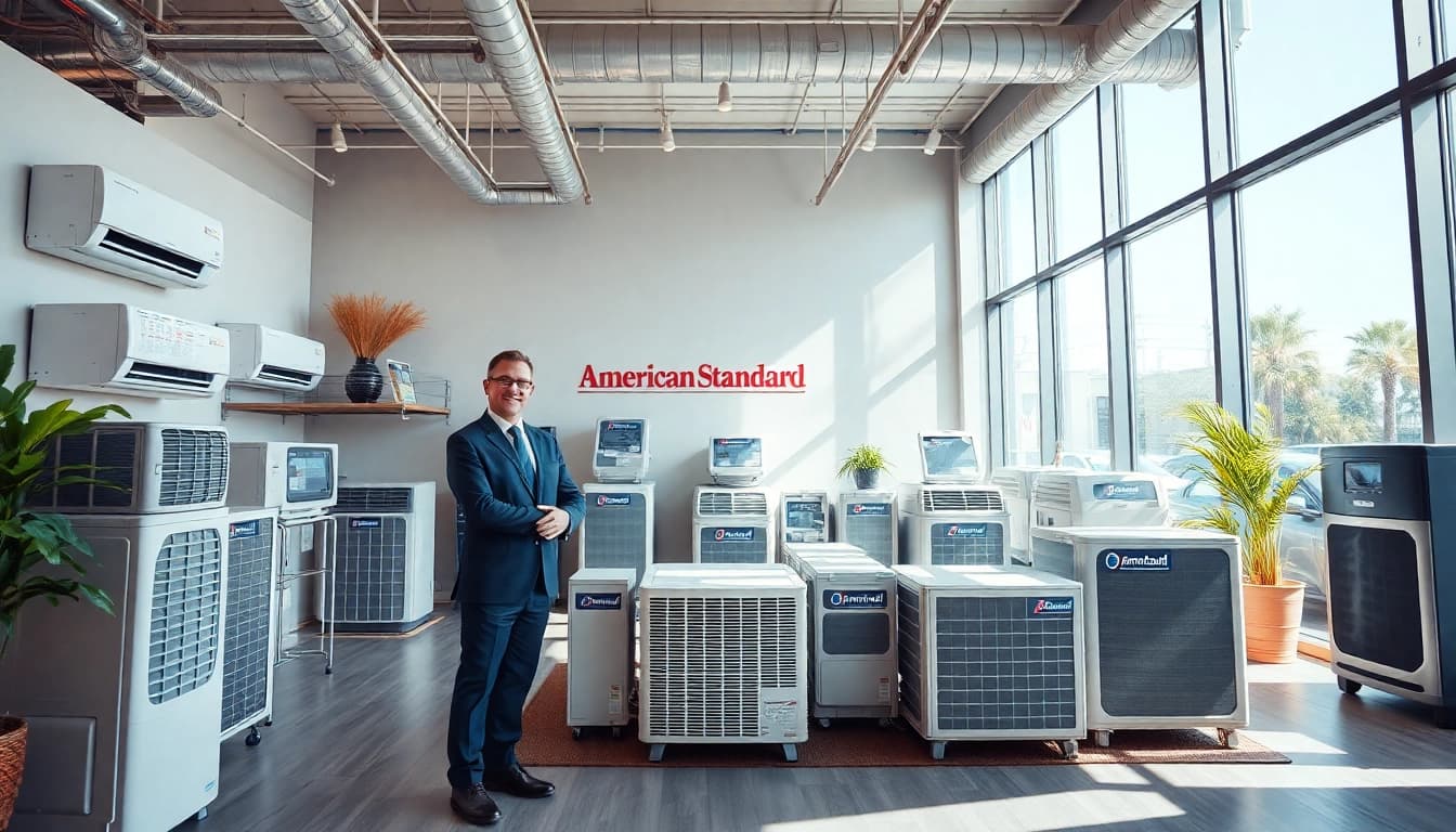Showcasing an American Standard HVAC dealer's modern showroom with various HVAC products.