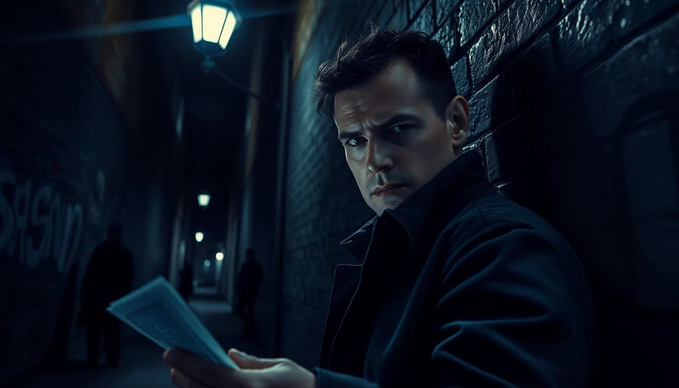 Detective investigating A Deadly Chance case in a dimly lit urban alley.