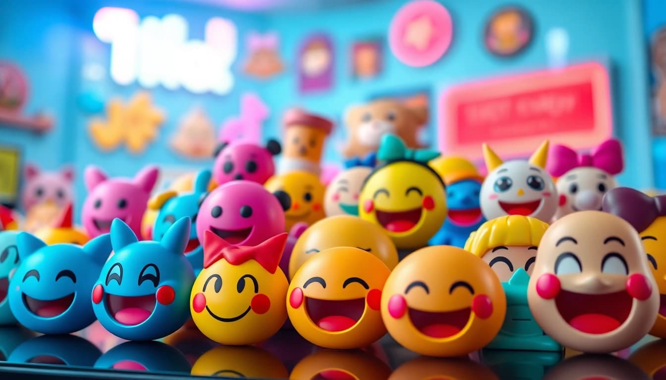 Showcase of tiktok emojis in a playful digital setting with vibrant colors and fun expressions.