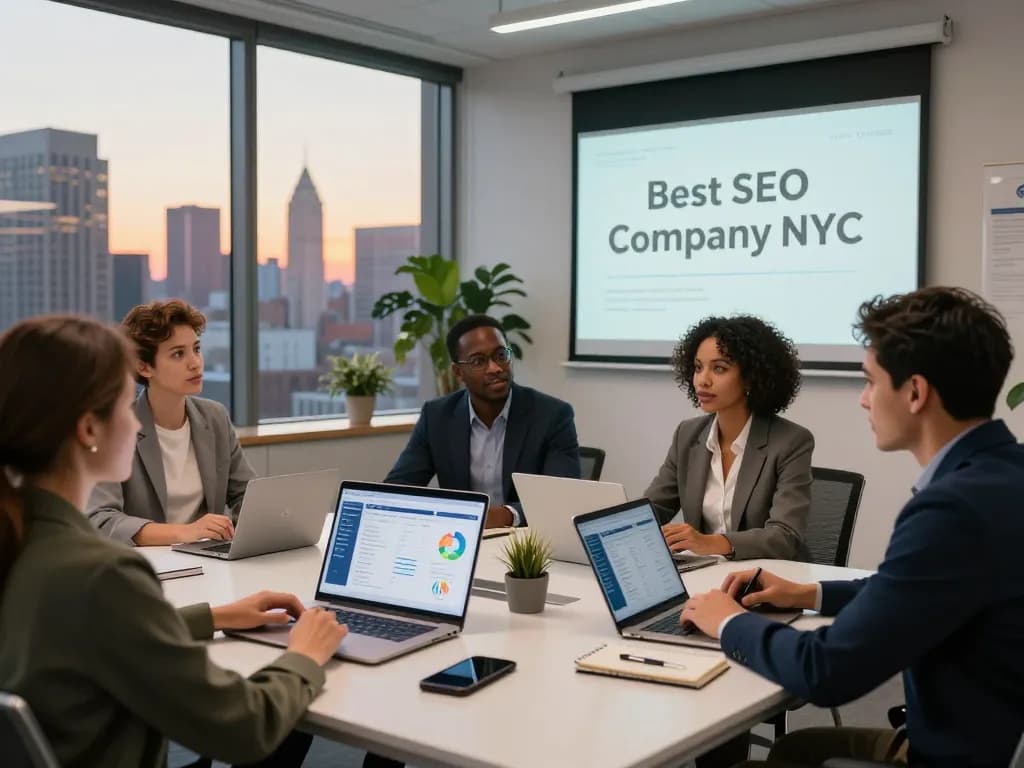 Meeting among diverse professionals strategizing as the Best SEO Company NYC, showcasing analytics and NYC skyline.