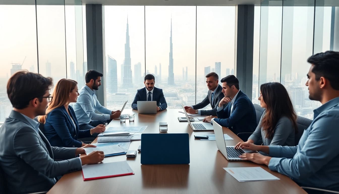 Audit Services in Dubai consultation with diverse professionals in a modern office setting.