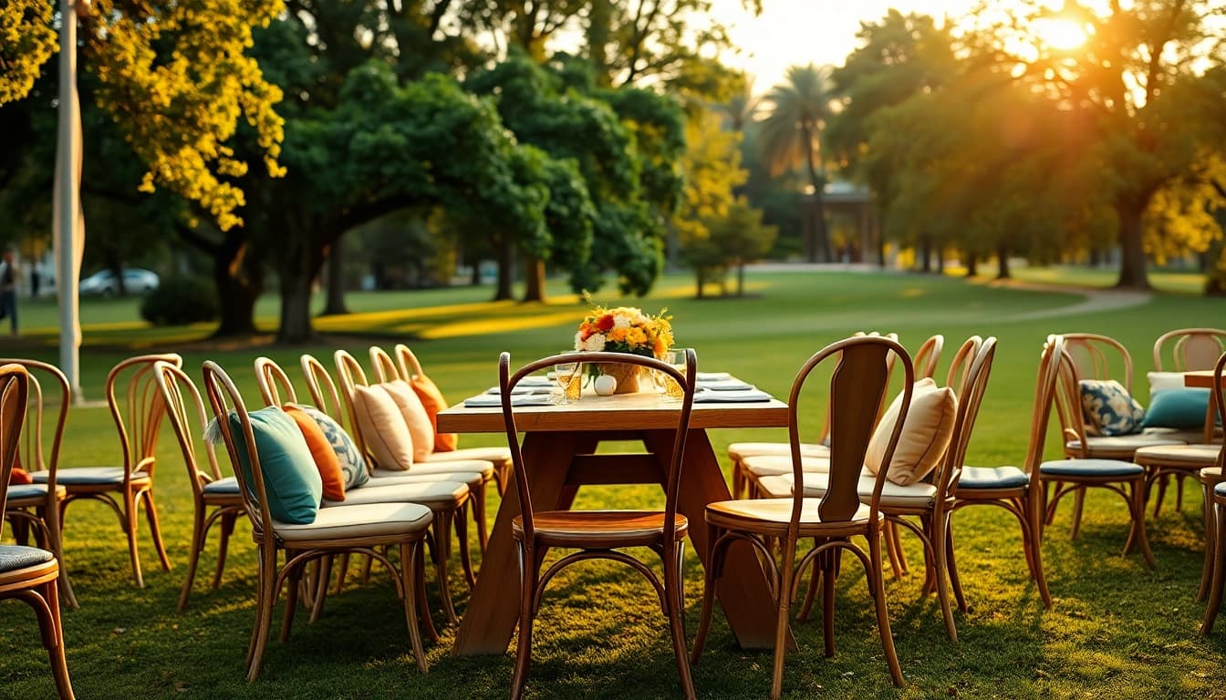 Discover stylish Chair Rentals at a vibrant outdoor event setup.