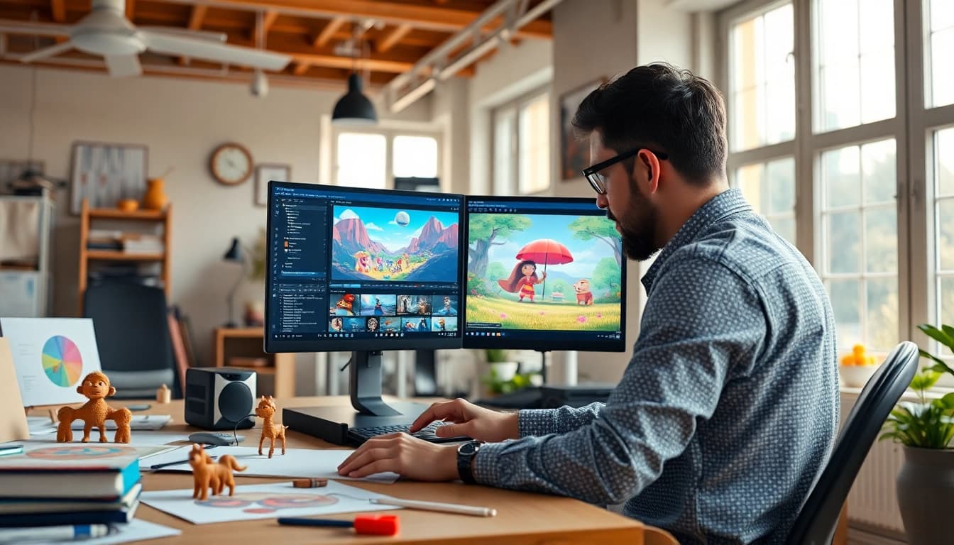Animation Erstellen im kreativen Studio, Animator erstellt lebendige Szenen.