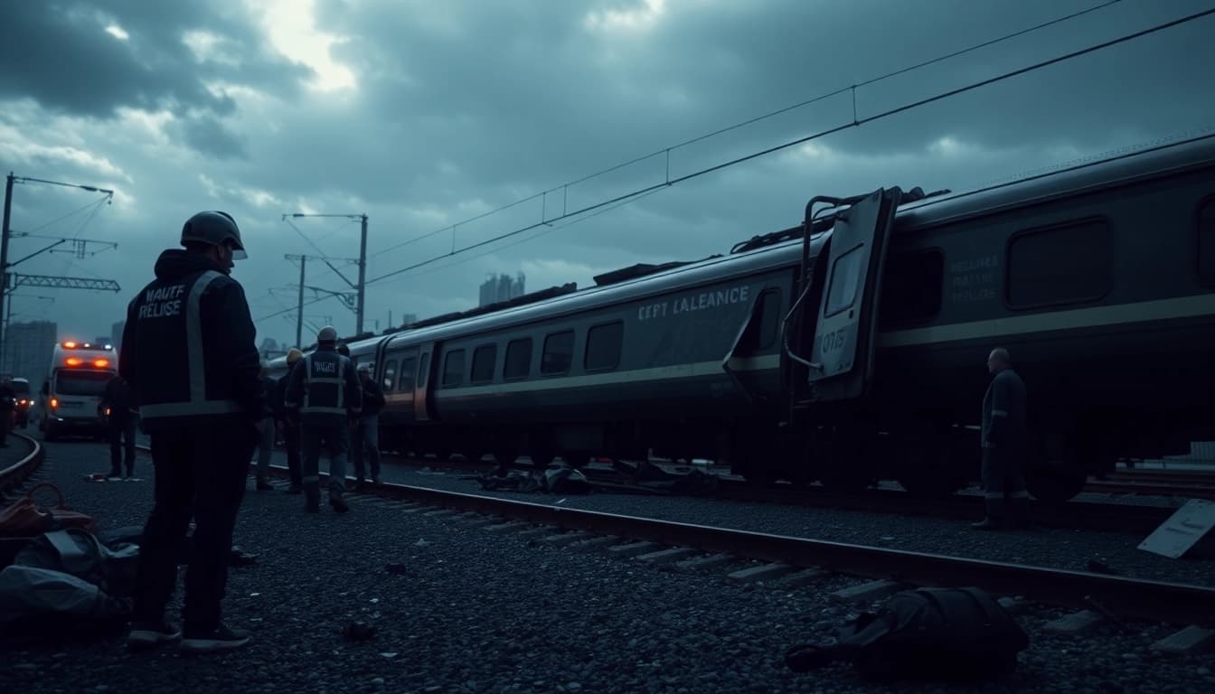 Emergency responders aiding victims of spain train crash in a dramatic and chaotic scene.