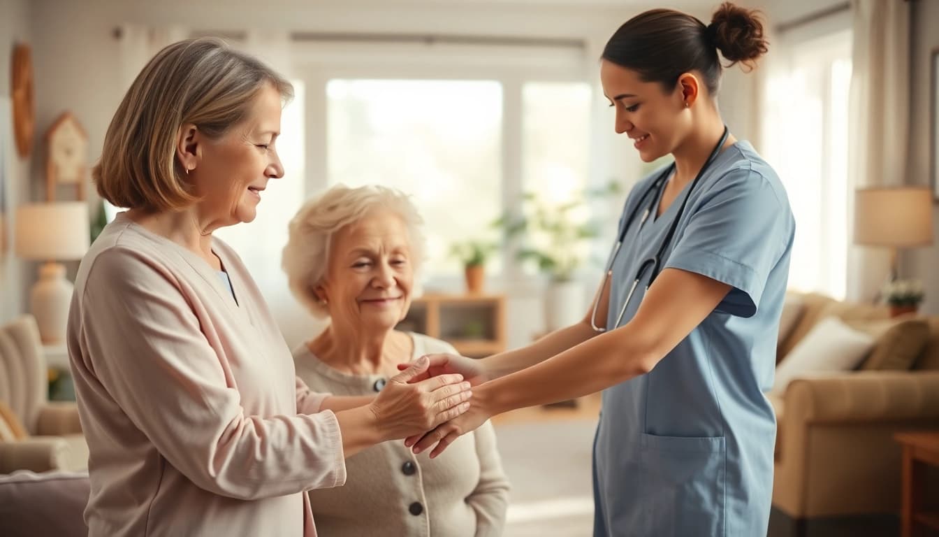 Experience at home health care with a compassionate caregiver supporting an elderly person in a warm home.