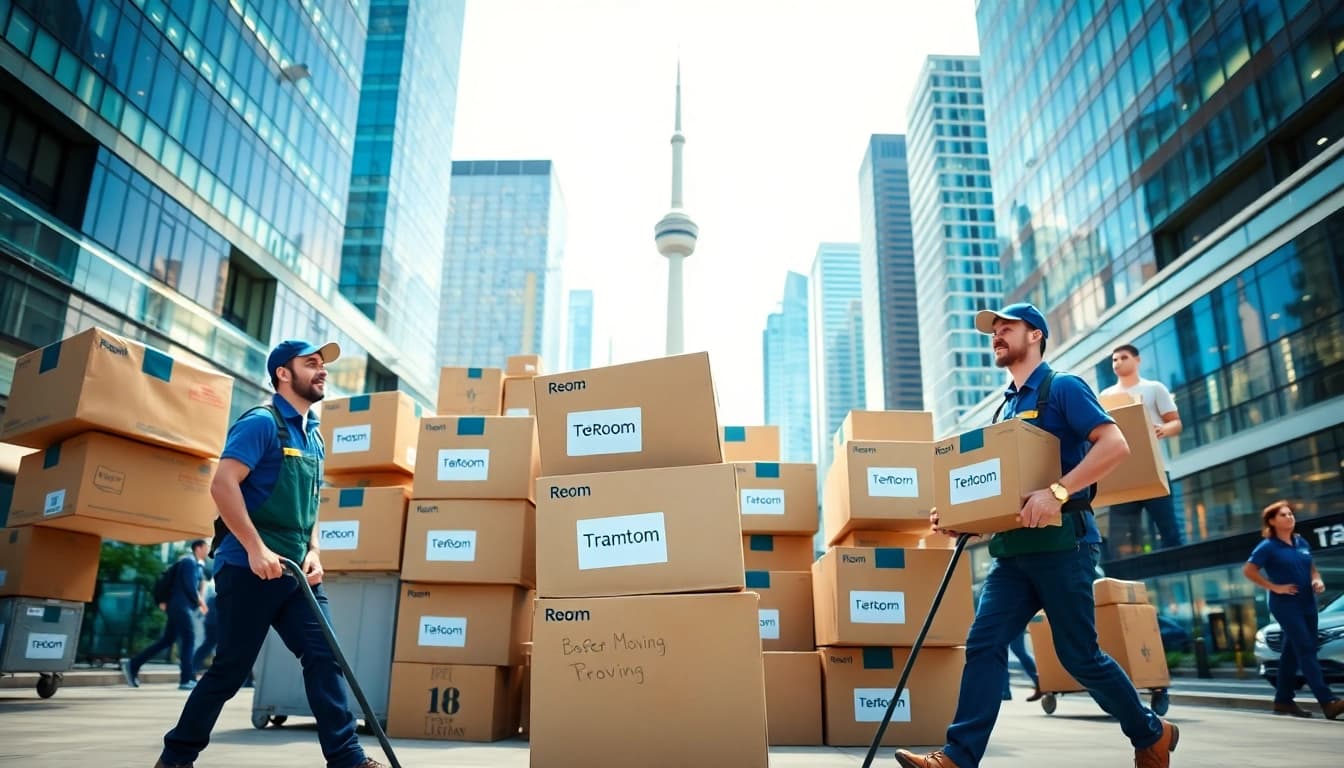 Toronto movers efficiently handling boxes in a bustling urban environment, showcasing teamwork.