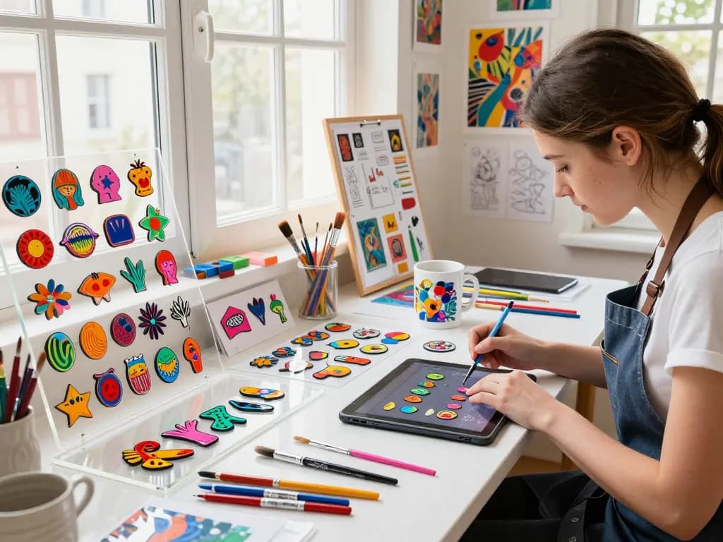 Artisan designing colorful acrylic pins in a bright creative studio.