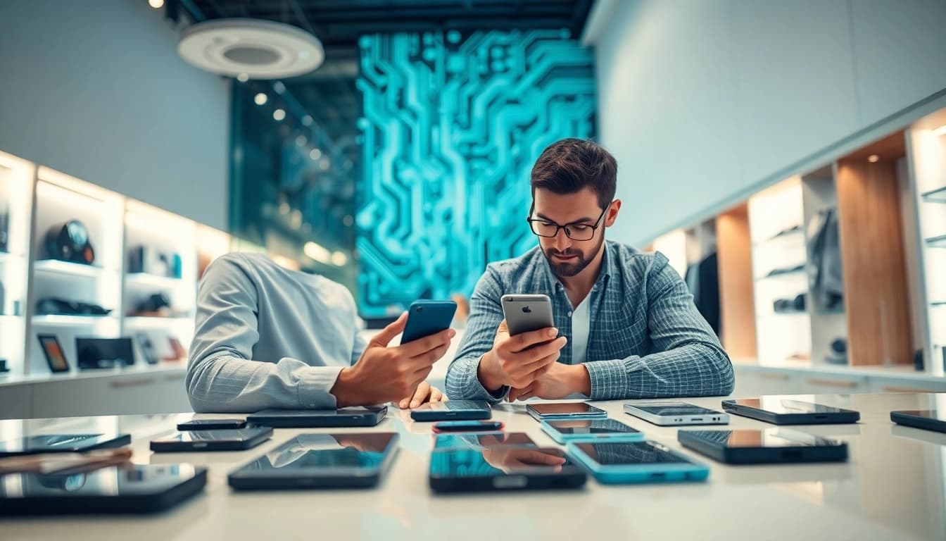 Cash phone buyer evaluating high-quality smartphones in a bright, modern tech shop.