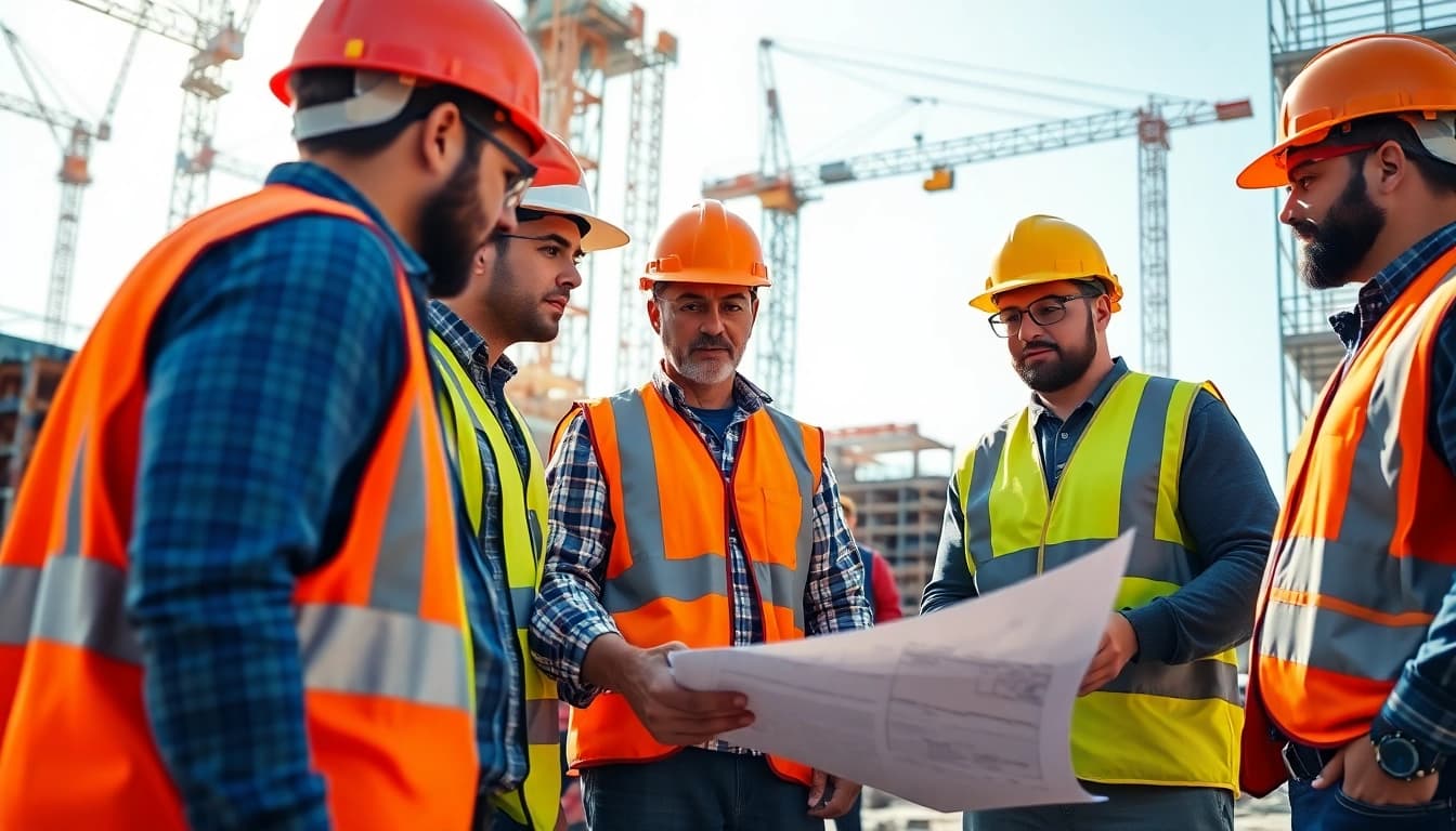 Construction member organization collaborating at a busy site with blueprints and cranes.
