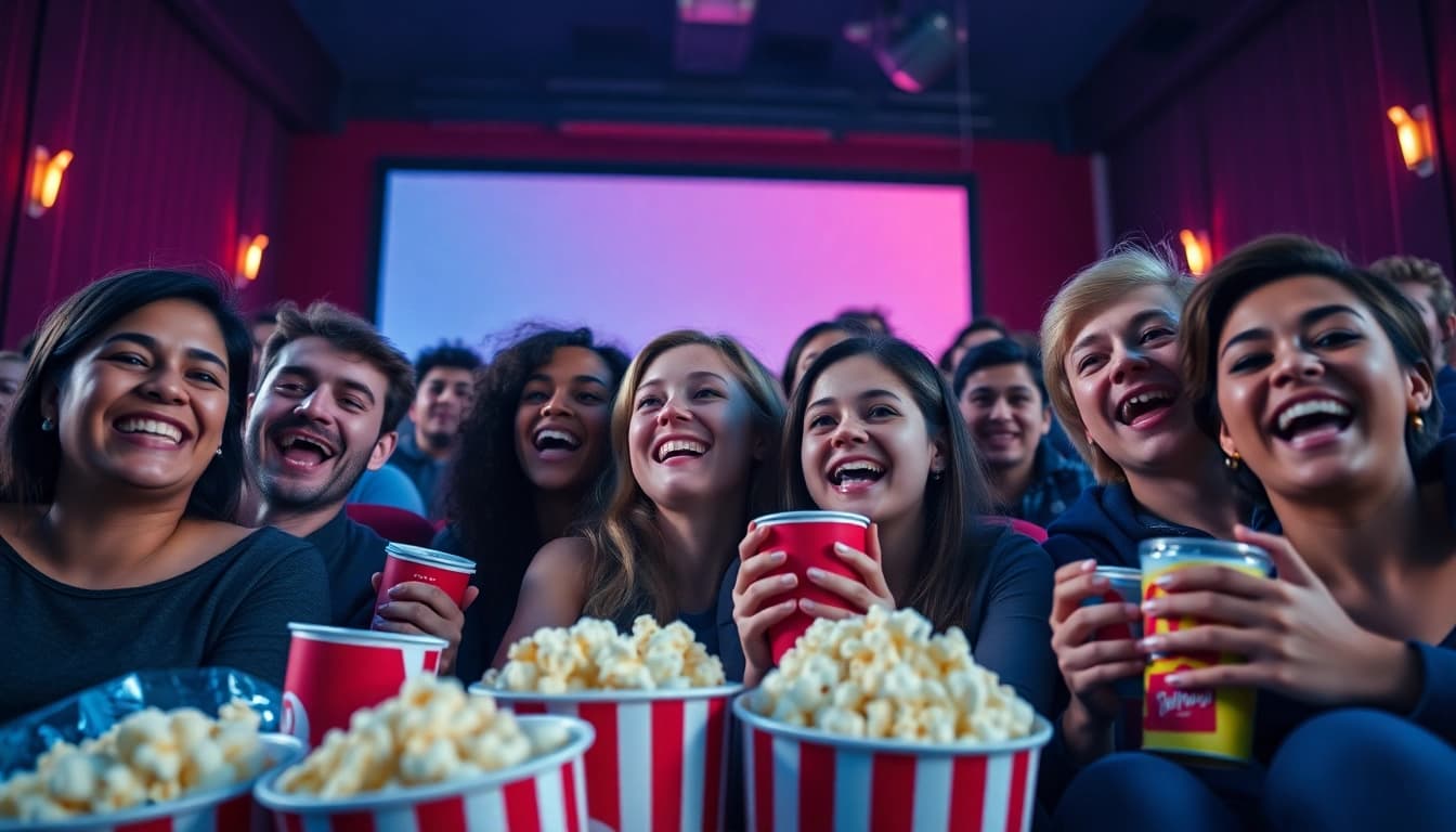 ดูหนังออนไลน์ฟรี กับกลุ่มเพื่อนในโรงภาพยนตร์ที่มีสีสันสดใส