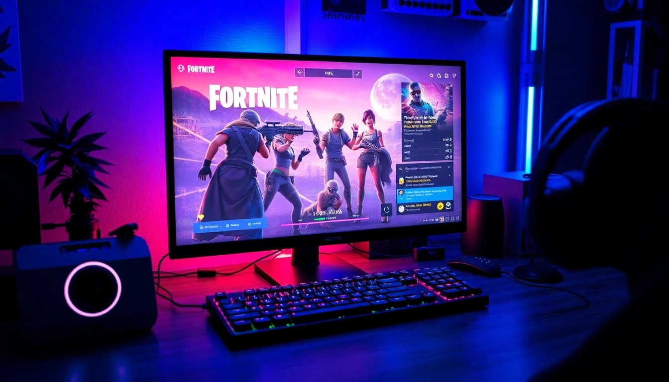 Experience the excitement of Best Fortnite script in a futuristic gaming setup featuring iconic characters.