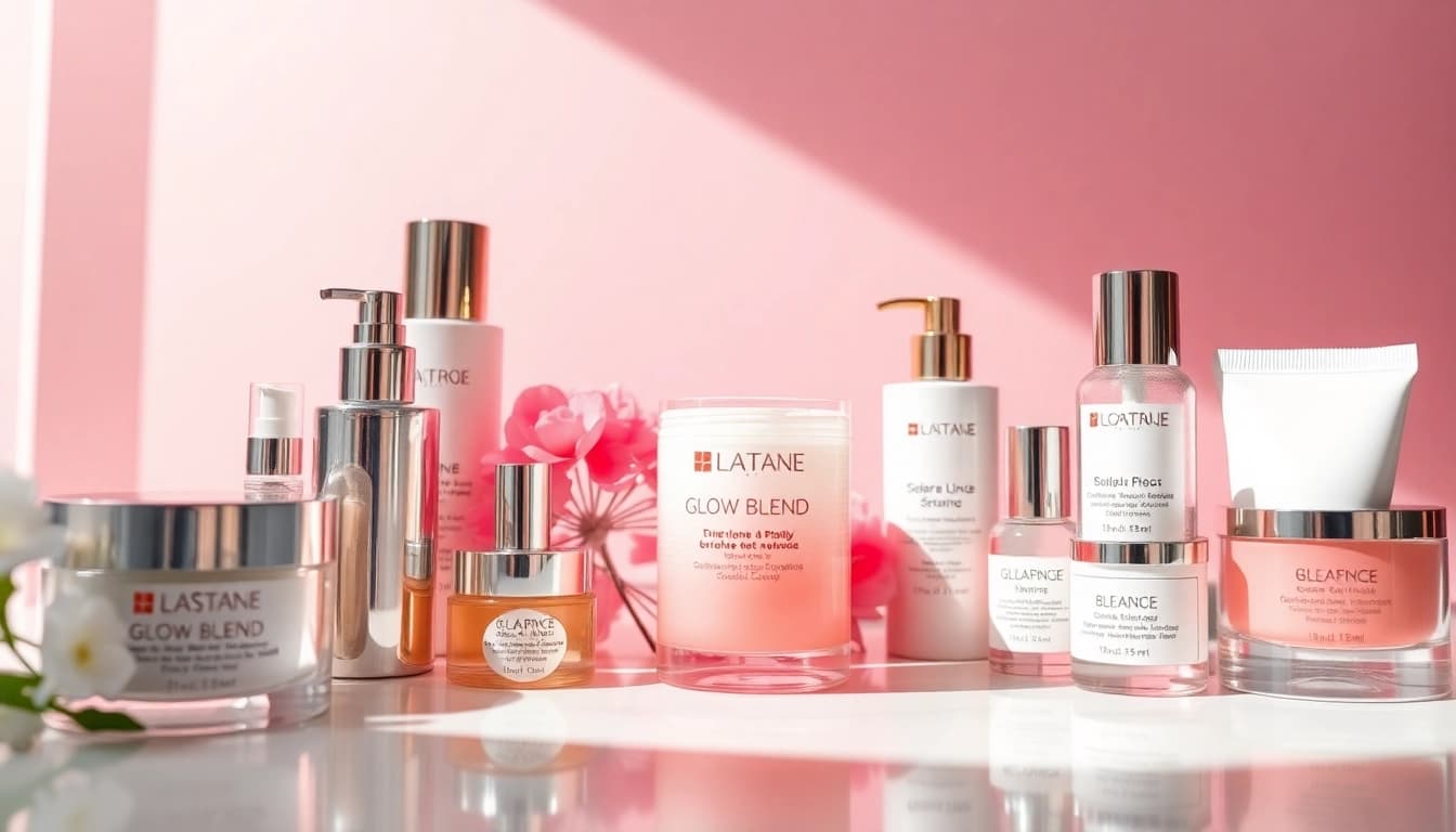 Showcase the Glow Blend in a vibrant setting with luxurious skincare items enhancing its allure.
