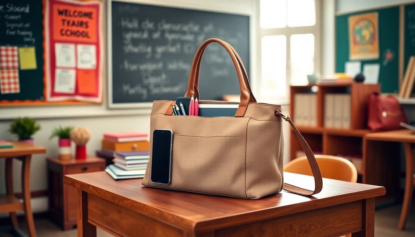 Praktische Handytasche Lehrer auf einem Schreibtisch, ideal für den täglichen Gebrauch.