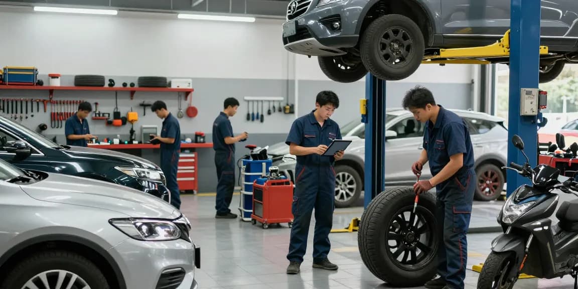 Sifu24 car services showcased in a busy garage with mechanics repairing vehicles and using diagnostic tools.