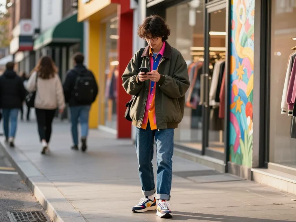 Engaging scene of a shopper exploring a 레플리카 쇼핑몰 on their smartphone, showcasing urban fashion trends.