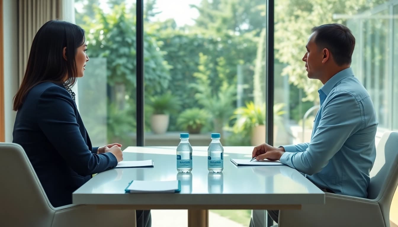 Mediation session in a serene conference room with a calm mediator guiding discussions.