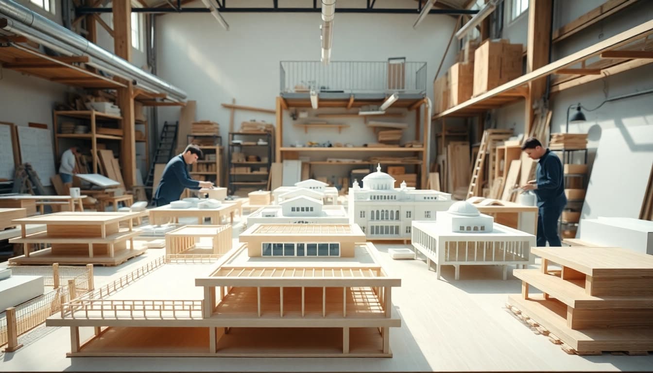 Architekturmodellbau Wiesbaden: Detaillierte Modelle in einem kreativen Arbeitsumfeld präsentieren.