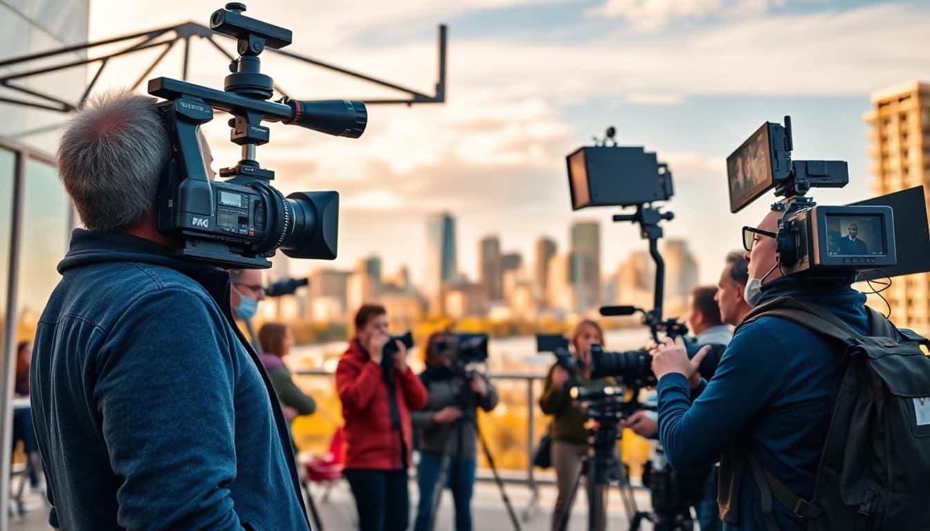 Engaging scene of edmonton production companies filming outdoors, featuring a director and urban skyline.