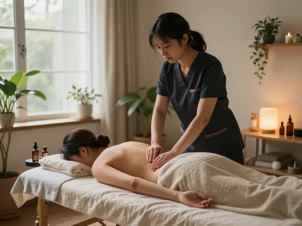 치료사가 필수품을 준비하는 편안한 집안 환경에서의 출장안마 치료 세션.