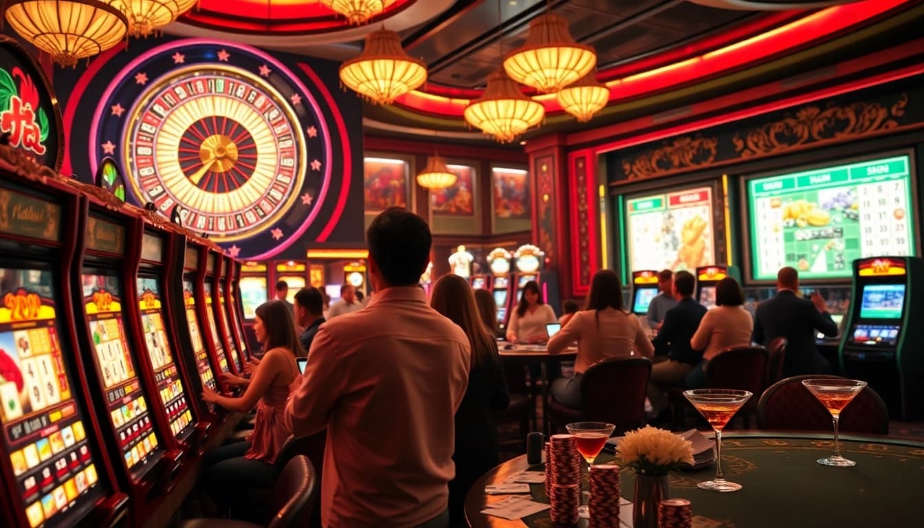 Excited players engaging with slot demo mahjong machines in a vibrant casino setting, showcasing winning moments and thrilling gameplay.