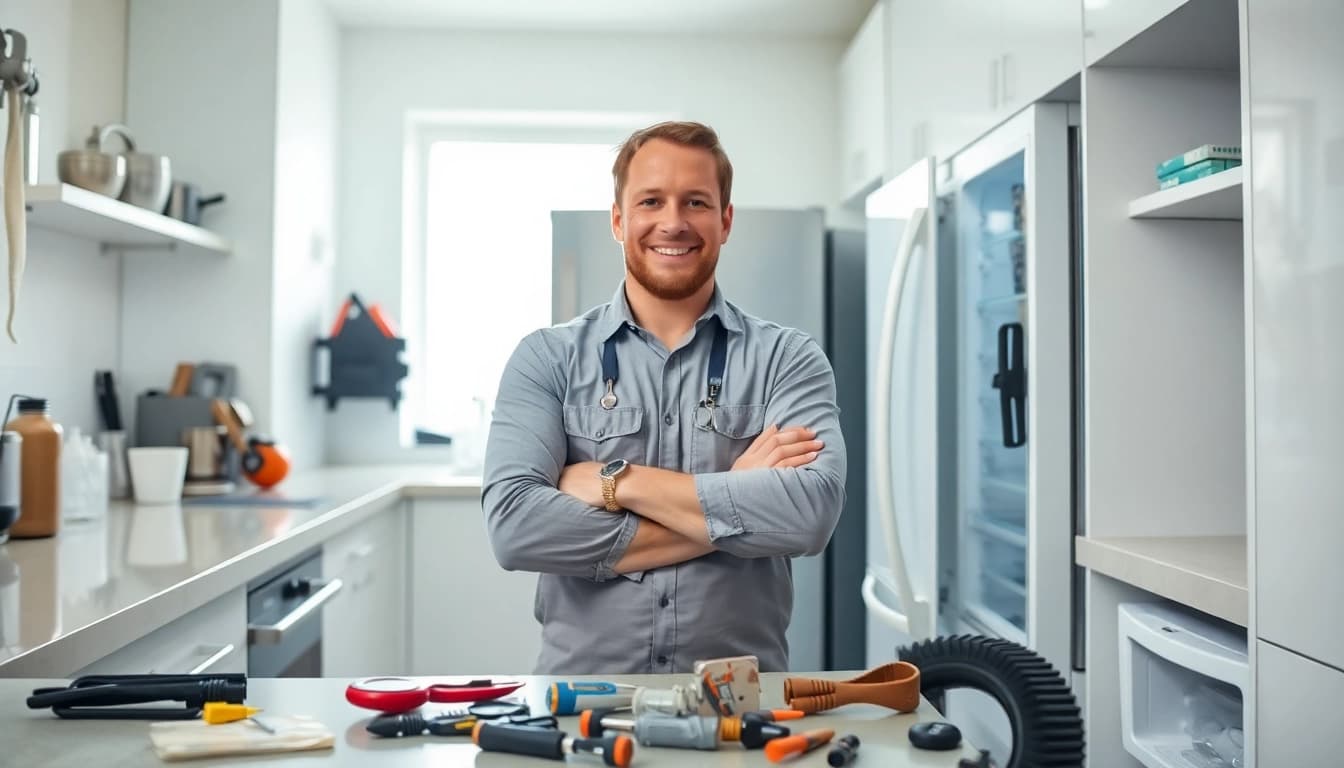 Skilled technician performing refrigerator repair in Ottawa's clean and modern kitchen setting.