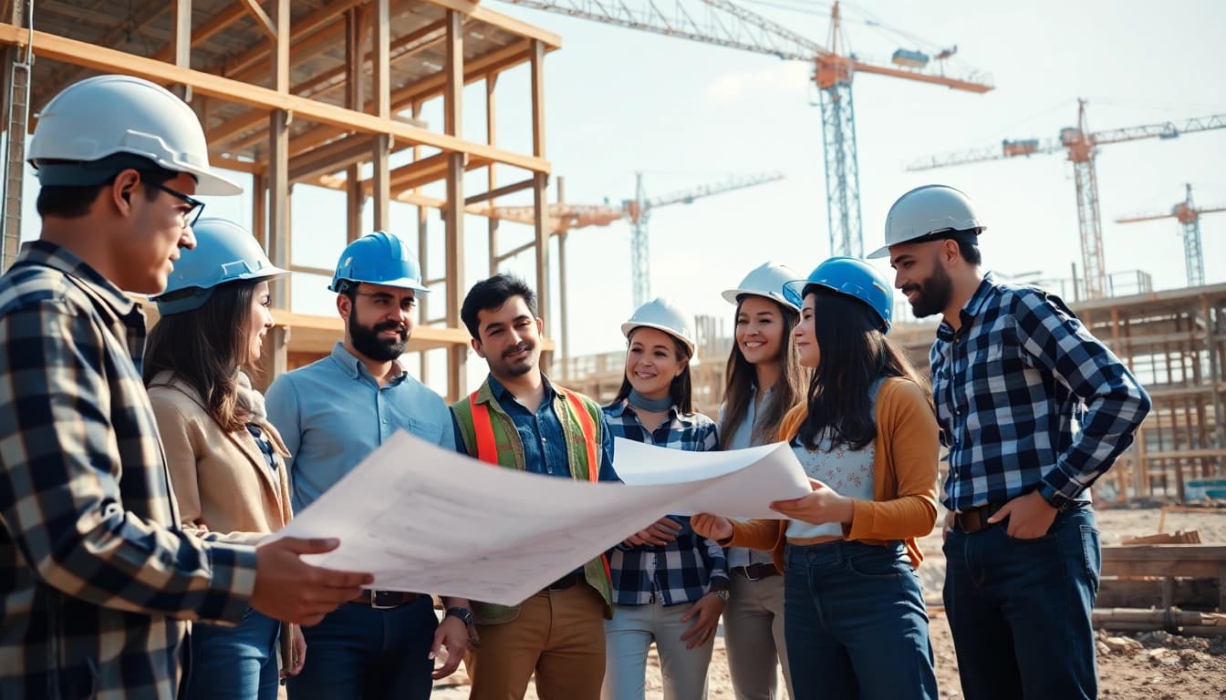 Workers engaging in Austin construction collaboration on-site with blueprints and construction equipment.