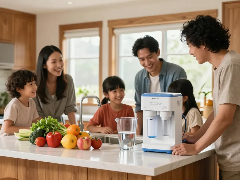 Family discussing benefits of Waterdrop Plus 5231JA2002A NSF 401&53 Refrigerator Water Filter in a bright kitchen