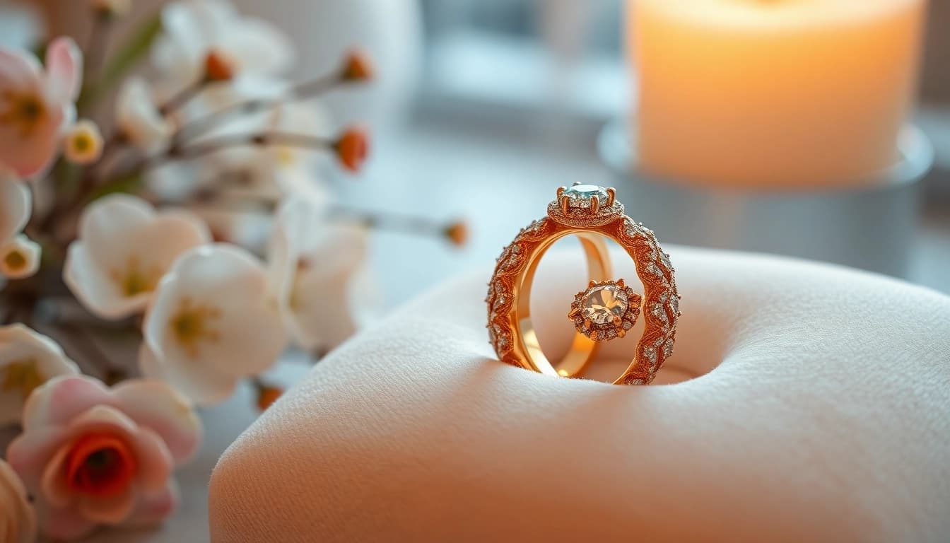 Capture the elegance of couple rings set against a soft, romantic backdrop with delicate flowers.