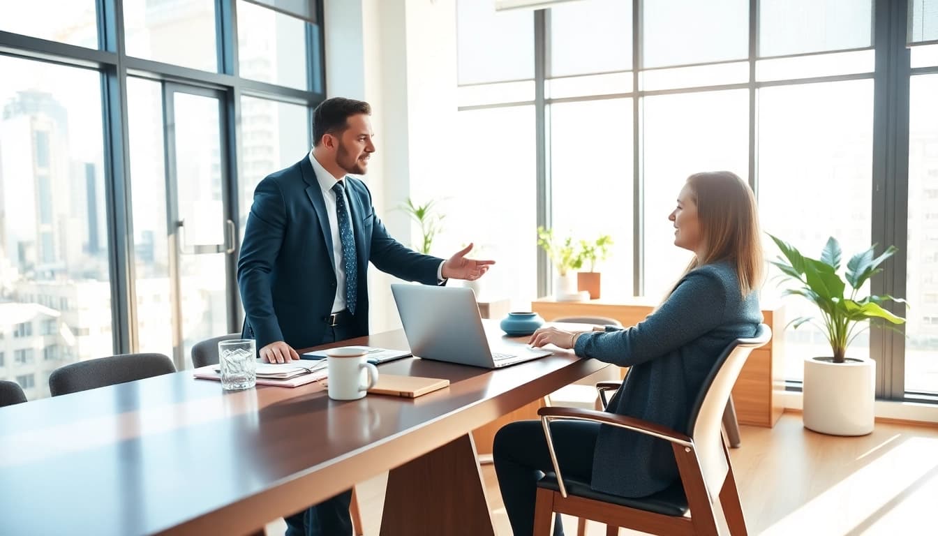 Engaging business coaching service session in a modern office with a professional coach and client.