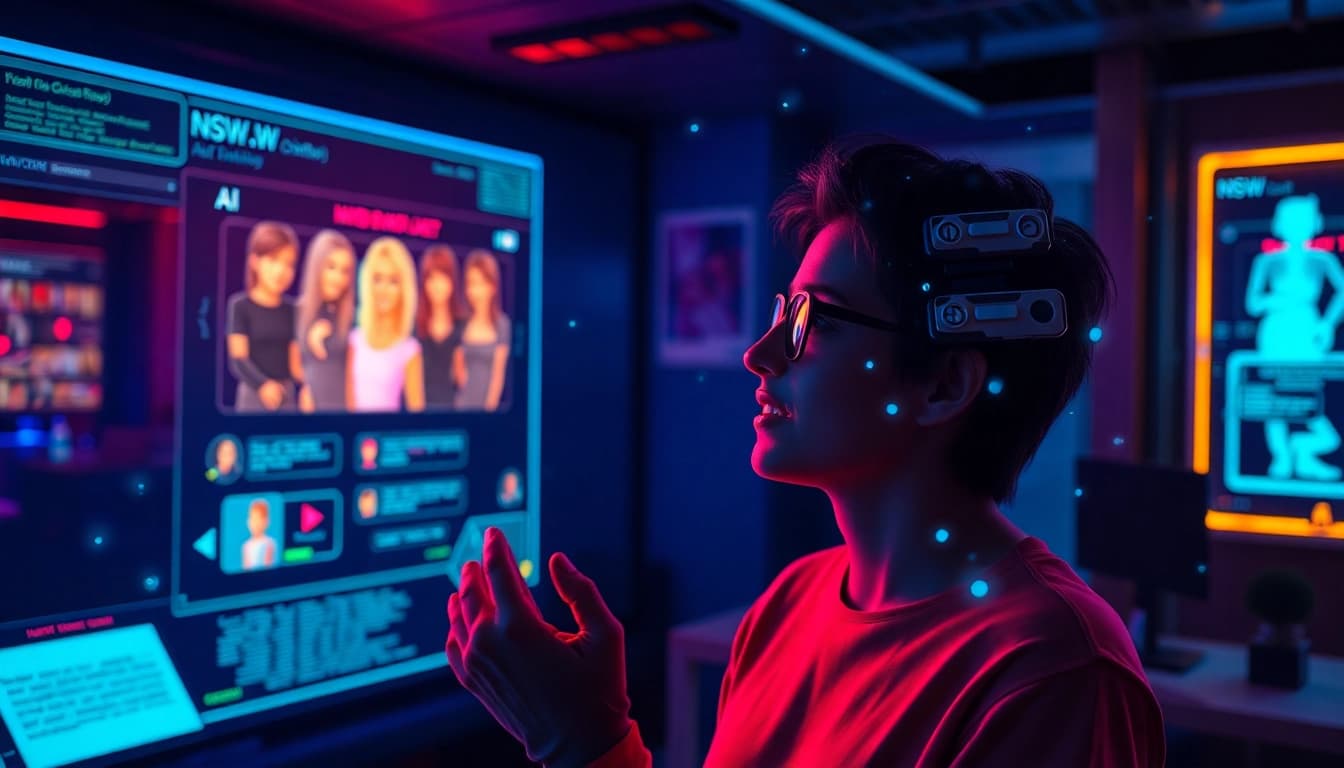 Engaging scene of a person interacting with NSFW character AI, showcasing vibrant digital interfaces.