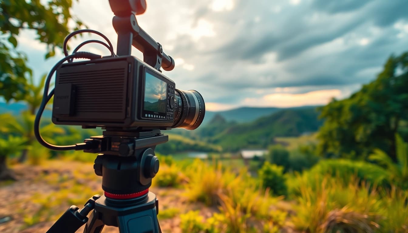 Creating cinematic video production with a professional setup in a vibrant outdoor location.