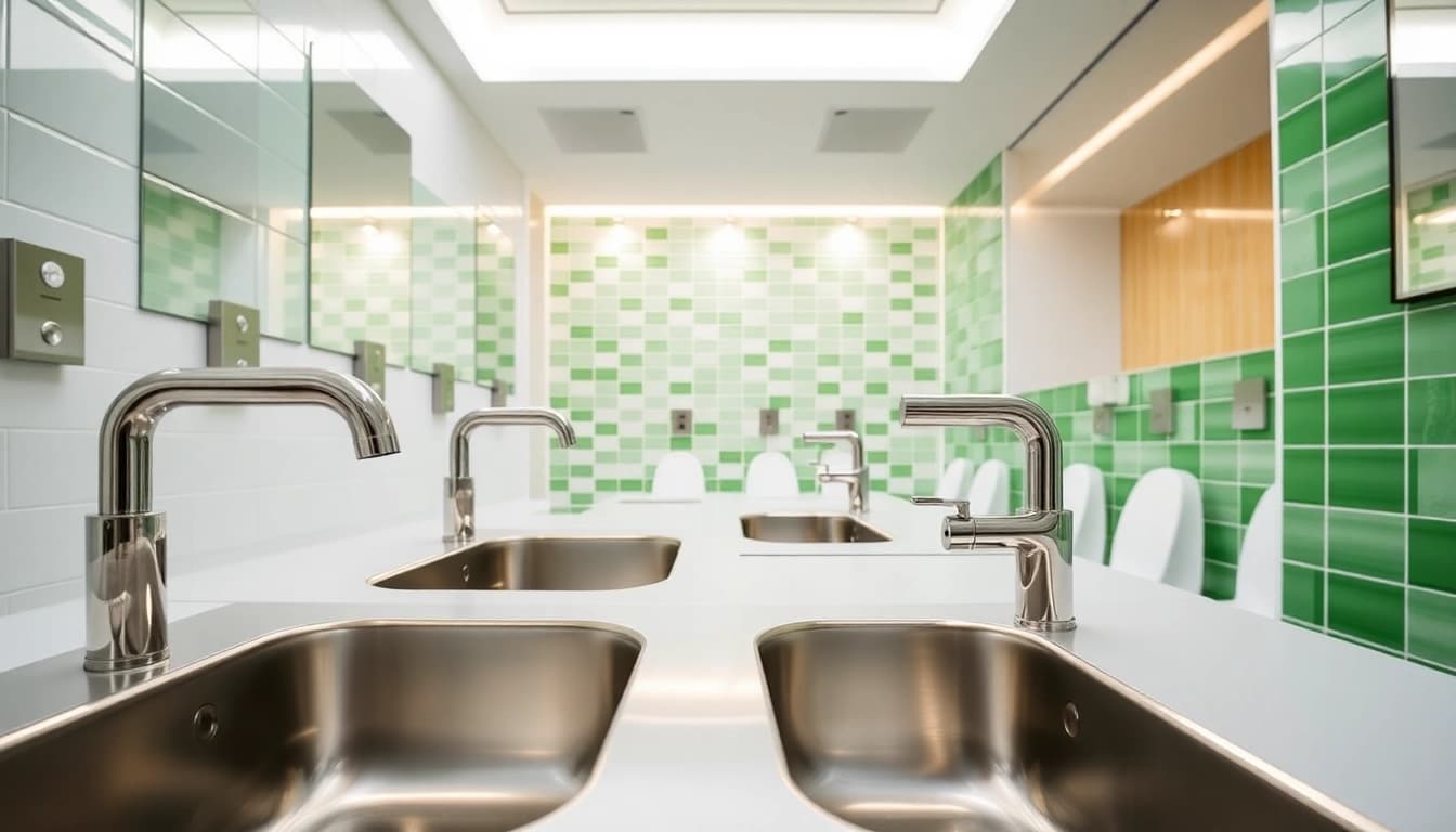 Showcasing a modern commercial toilet refurbishment with sleek fixtures and bright design.