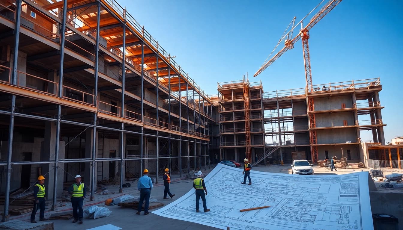 New York Commercial General Contractor overseeing a dynamic construction project with workers collaborating on-site.