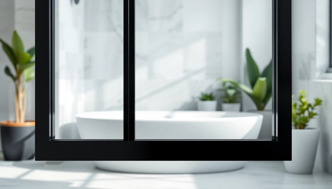 Elegant black shower door black frame enhancing a modern bathroom design with natural light.