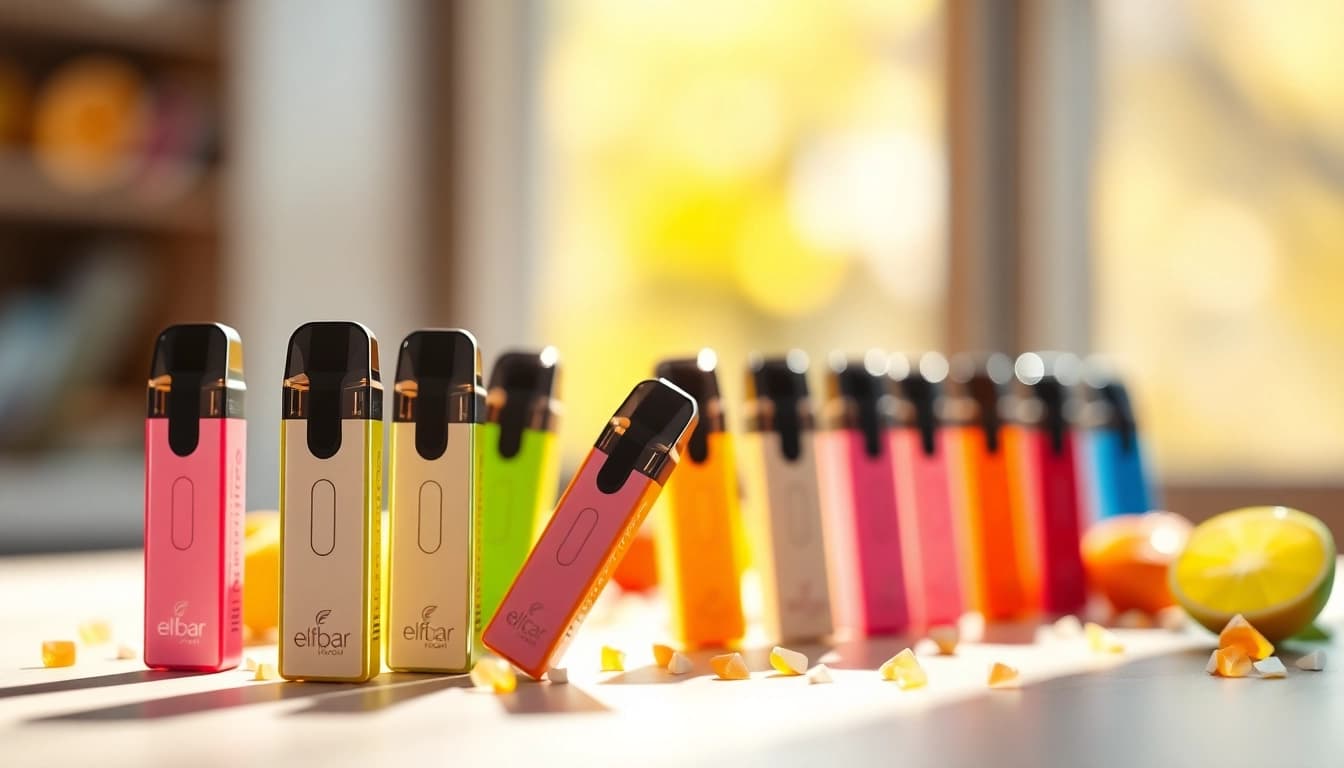 Elfbar pods in bunten Farben und Geschmacksrichtungen stilvoll angeordnet