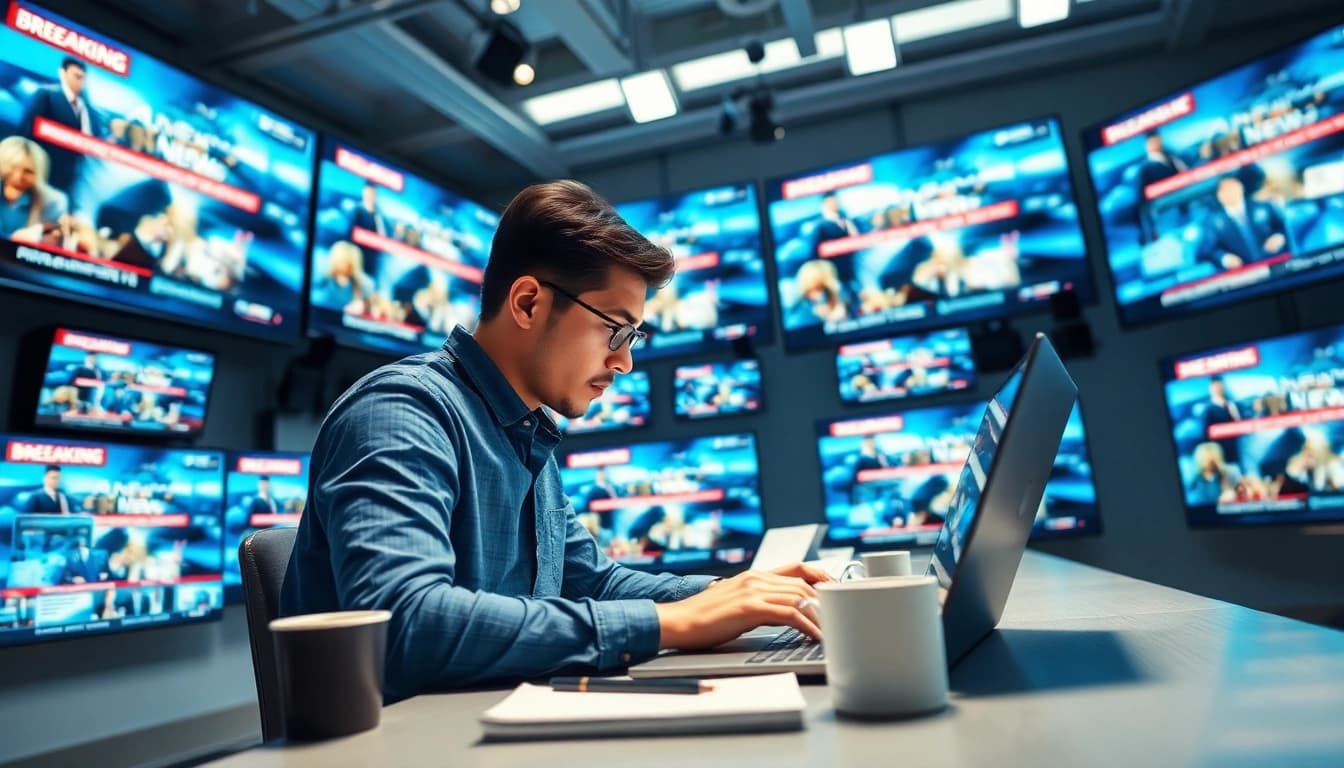 Delivering the latest news in a bustling newsroom environment with bright lighting.