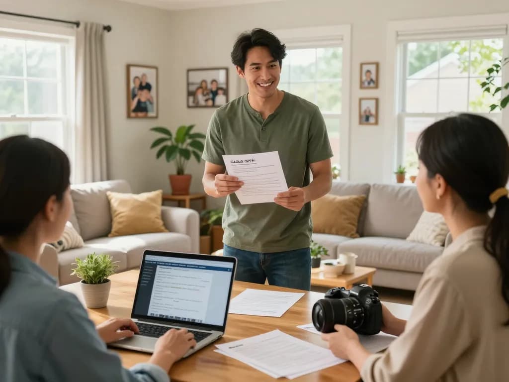 Sell my house fast for cash, homeowner discussing offers in a cozy living room.
