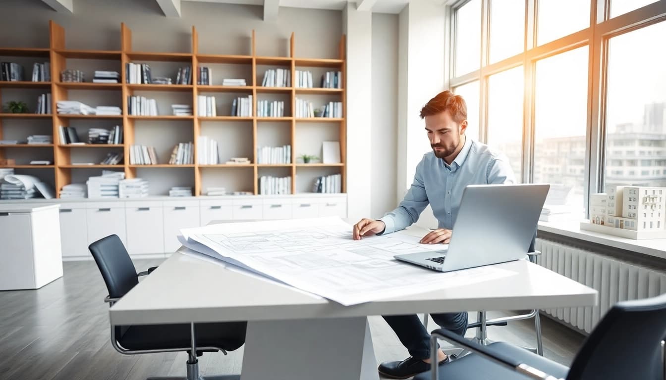 Visualize a commercial architect engaged in design work in a bright, modern office.