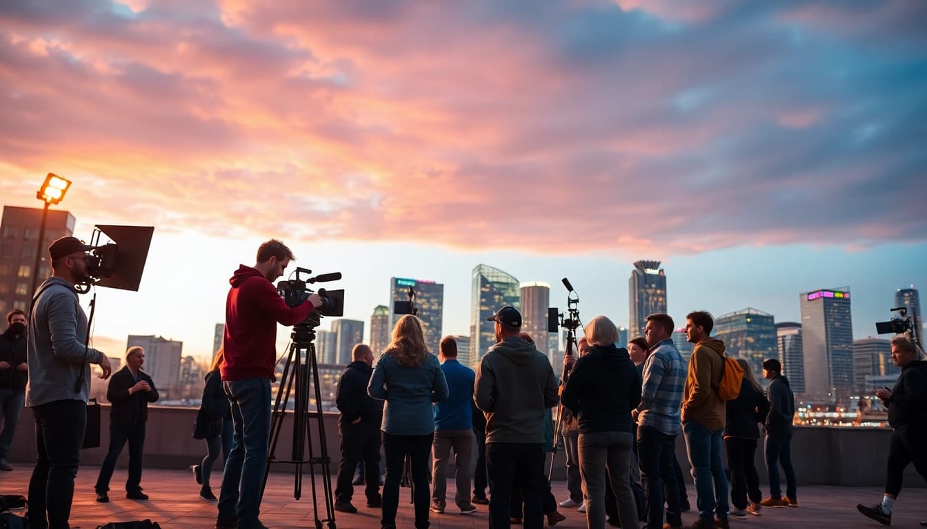 Showcase of Edmonton production companies filming a project with a city skyline in the background.