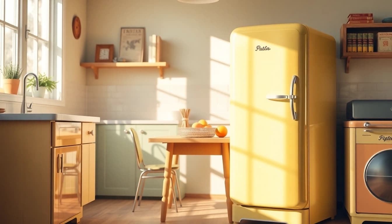 Vibrant retro appliance setup with pastel colors creating a nostalgic kitchen atmosphere.