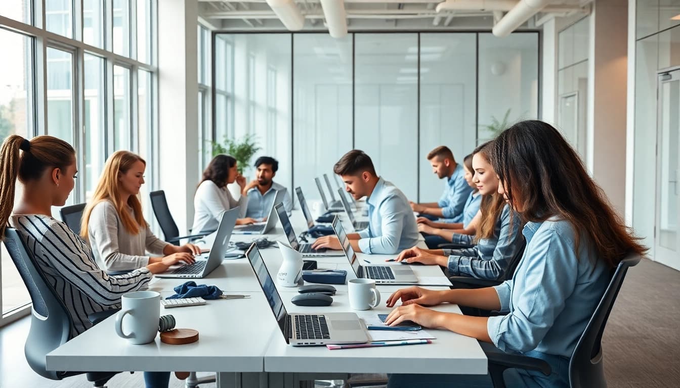 Enhance productivity at a typing center with a diverse group typing in a bright office.