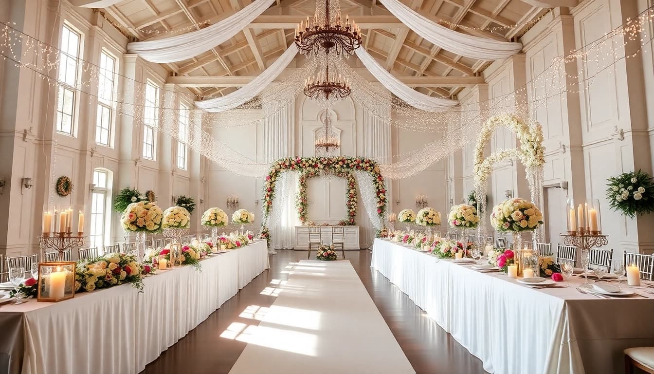 Capture a stunning Wedding Event Space Jacksonville decorated for a romantic celebration with elegant features.