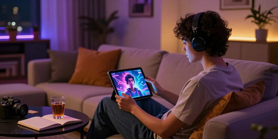 Engaging in ai chat nsfw with a vibrant AI character on a tablet in a modern lounge setting.