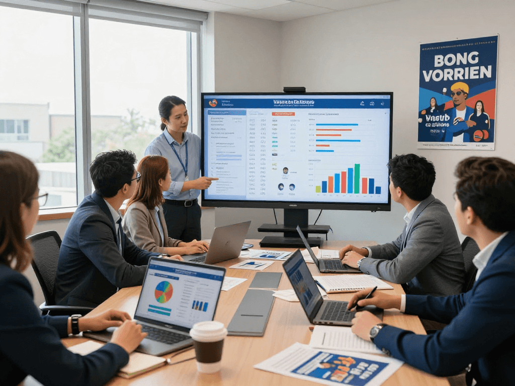 Team analyzing political campaign analytics in a modern office setting, focusing on data-driven strategies for successful voter outreach.